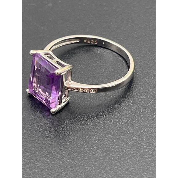 V925 Four Prong Set Emerald Cut Amethyst and Cz Accent Sterling Ring Sz 8.25 - Picture 8 of 10
